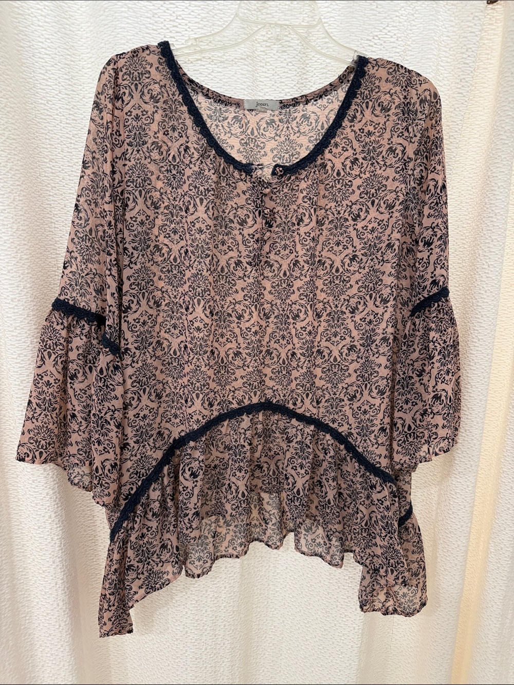 JODIFL Pink Floral Print Tunic with Navy Lace Trim